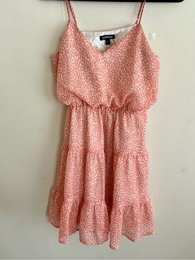 Express Coral and White Printed V-Neck Dress